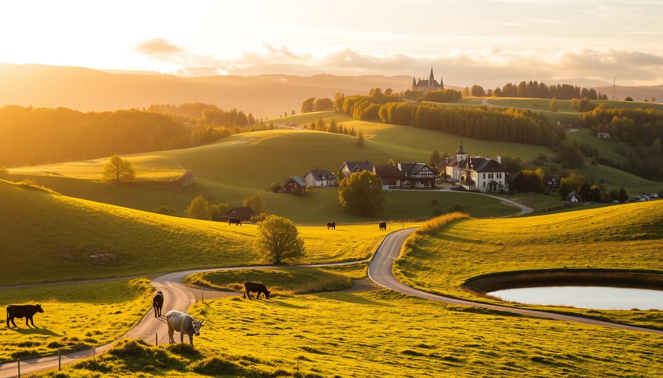 A picturesque rural landscape along the &quot;Pętla Ku Podlasiu&quot; cycling route. Rolling hills dotted with quaint villages, their traditional wooden houses and church steeples peeking through lush greenery. Winding country roads lead past serene ponds and meadows, where cows graze peacefully. Warm, golden sunlight filters through wispy clouds, casting a soft, nostalgic glow over the tranquil scene. In the distance, the silhouette of a historic castle or manor house rises on the horizon, hinting at the rich cultural heritage of the region. The composition is balanced, with a sense of depth and harmony, inviting the viewer to explore this peaceful, idyllic corner of the Polish countryside.