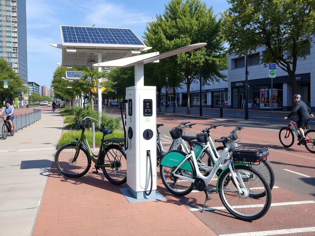 Stacja ładowania rowerów elektrycznych w przestrzeni miejskiej pokazująca rozwój infrastruktury dla rowerów elektrycznych