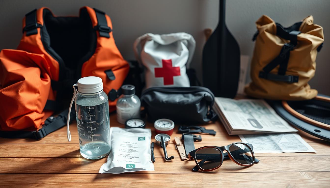 Detailed list of essential kayaking gear on a wooden table, illuminated by soft, natural lighting. In the foreground, a life jacket, waterproof bag, and water bottle stand out. In the middle ground, a compass, first aid kit, and map are neatly arranged. In the background, a paddle, dry bag, and sunglasses complete the must-have items for a safe and comfortable kayaking trip. The composition conveys a sense of organization and preparedness, with a calm, serene atmosphere.