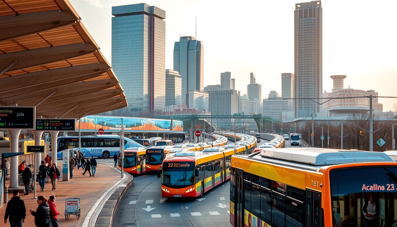 A vibrant urban scene of a bustling &quot;komunikacji miejskiej&quot; (public transportation), set against the backdrop of a modern cityscape. In the foreground, a fleet of sleek, brightly colored buses and trams glide smoothly along the streets, their passengers hurrying to their destinations. The middle ground features a well-designed, functional transit hub, with covered waiting areas, digital information displays, and efficient signage guiding commuters. In the background, a skyline of towering glass and steel skyscrapers rises, bathed in the warm glow of the sun, reflecting the city's thriving economy and progressive infrastructure. The overall atmosphere conveys a sense of efficiency, accessibility, and the integral role of public transport in the daily life of the Polish urban landscape.