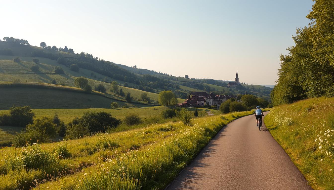 A scenic bicycle path winds through a picturesque countryside landscape. In the foreground, the smooth, well-maintained trail is lined with lush greenery and wildflowers, inviting cyclists to explore the serene natural surroundings. The middle ground features gently rolling hills dotted with clusters of trees, casting soft shadows across the path. In the distance, a small village nestled among the hills comes into view, its charming architecture and church steeple visible on the horizon. The scene is bathed in warm, golden sunlight, creating a tranquil and inviting atmosphere that captures the essence of a countryside bicycle route.