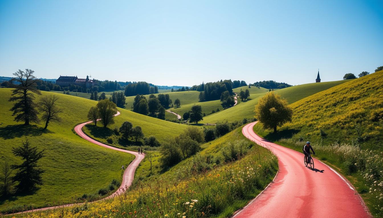 Lush, verdant landscape under a clear blue sky. A winding red bike path snakes through rolling hills, flanked by tall trees and wildflowers. Sunlight dapples the path, casting warm shadows. Cyclists leisurely pedal along, taking in the serene countryside views. In the distance, glimpses of historical architecture peek out, hinting at the rich heritage of the region. The scene exudes a sense of peaceful exploration, inviting the viewer to discover the tranquil Nasielskie trails and the captivating history of the Warsaw Uprising Battlefield Bike Route.