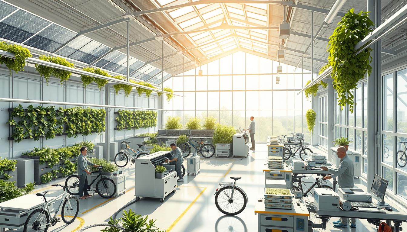 Wizualizacja przyszłości ekologicznej produkcji rowerów - nowoczesna fabryka wykorzystująca zrównoważone technologie