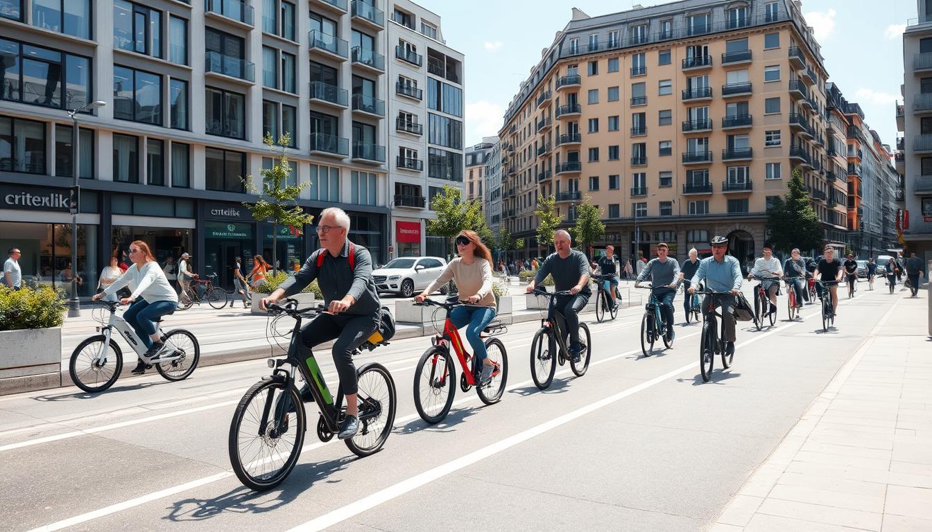 Rowerzyści na elektrycznych rowerach miejskich w centrum miasta pokazujący rozwój rowerów elektrycznych w transporcie miejskim
