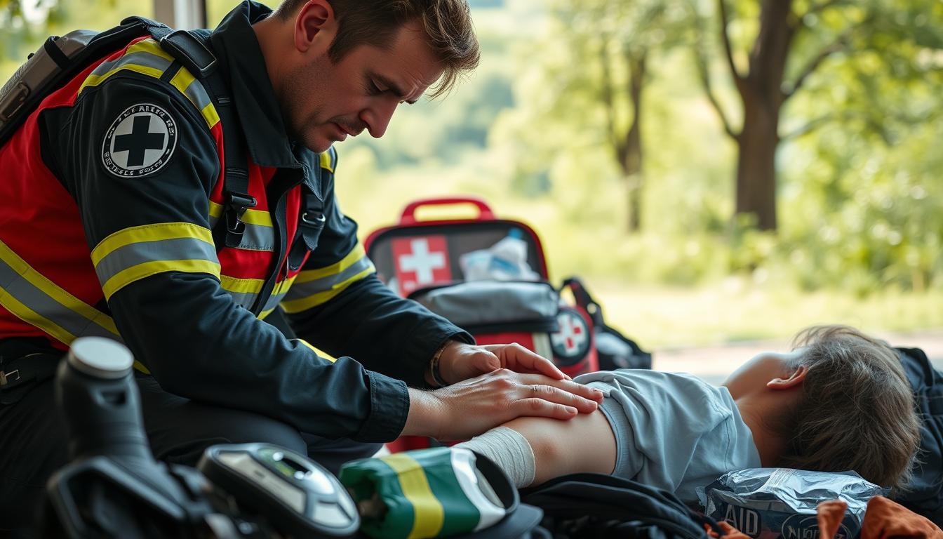 Pierwsza pomoc: a detailed scene of emergency medical assistance, set in a bright and serene environment. In the foreground, a calm and attentive first responder tends to an injured person, applying bandages and providing comfort. The middle ground features a well-stocked first aid kit and medical supplies, conveying preparedness. In the background, a soothing natural landscape with lush greenery and soft lighting sets a reassuring tone. The overall composition evokes a sense of care, safety, and the importance of emergency readiness.