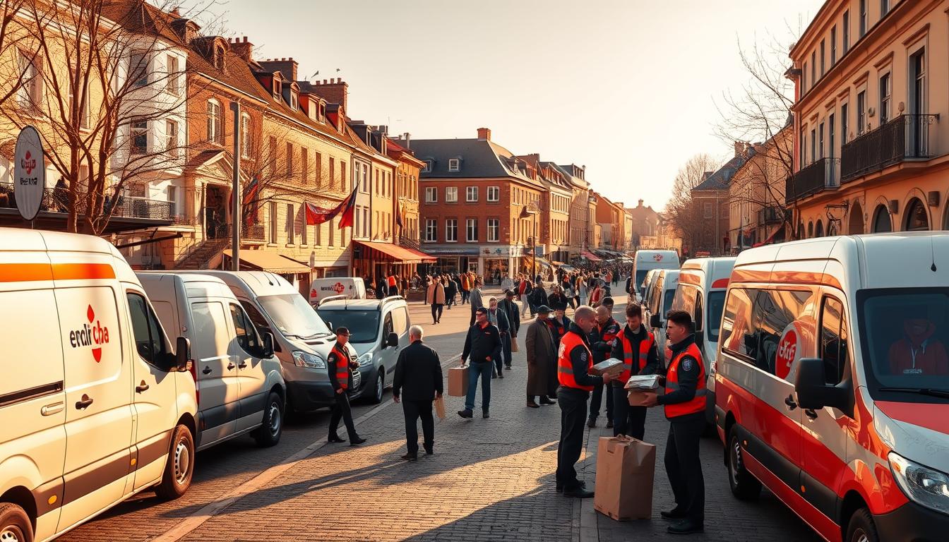 A warm, sun-dappled street scene on a crisp autumn day. In the foreground, a fleet of delivery vans and cargo trucks, emblazoned with the logos of prominent courier and logistics companies, line the curb. Uniformed couriers, their faces beaming with pride, load and unload packages with practiced efficiency. In the middle ground, a bustling plaza teeming with pedestrians, some pausing to observe the couriers' activities. In the background, a row of quaint, historic buildings, their facades adorned with banners and streamers celebrating &quot;Courier and Carrier Day&quot;. Ambient lighting casts a golden glow, evoking a sense of community and appreciation for the unsung heroes of modern commerce.