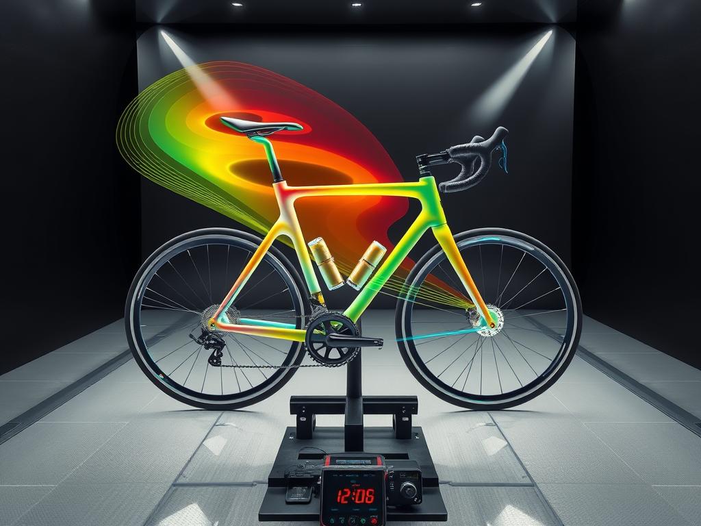 Badanie aerodynamiczne roweru w tunelu powietrznym, wizualizacja przepływu powietrza wokół innowacyjnej konstrukcji rowerowej