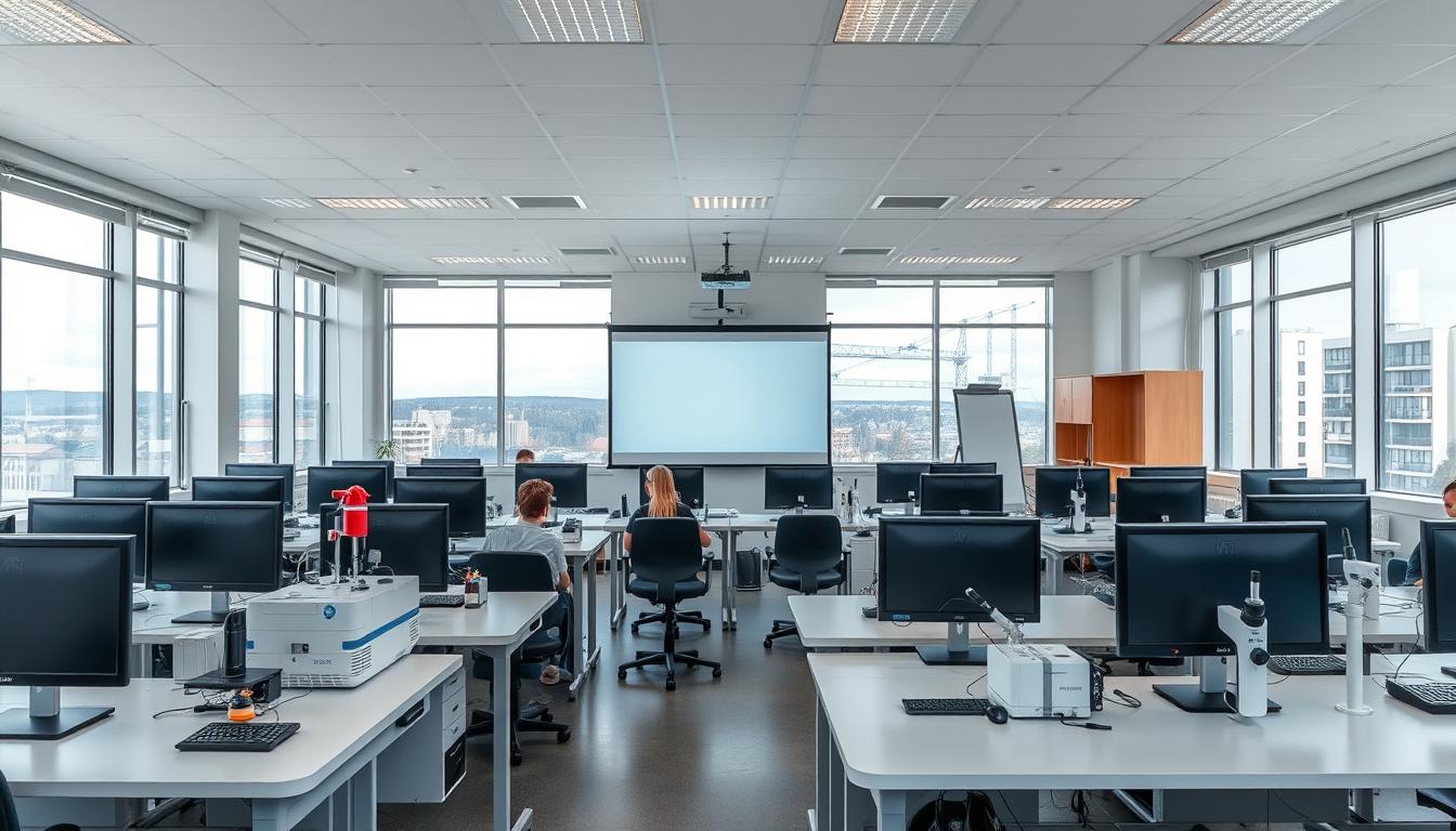 A modern, well-equipped educational laboratory in Wyszków, Poland. The foreground features rows of student workstations with state-of-the-art computer equipment and scientific instruments. In the middle ground, an interactive whiteboard and projector system for multimedia presentations. The background showcases large windows providing ample natural light and scenic views of the surrounding urban landscape. The overall atmosphere is one of innovation, discovery, and a commitment to hands-on, technology-driven learning for the students.