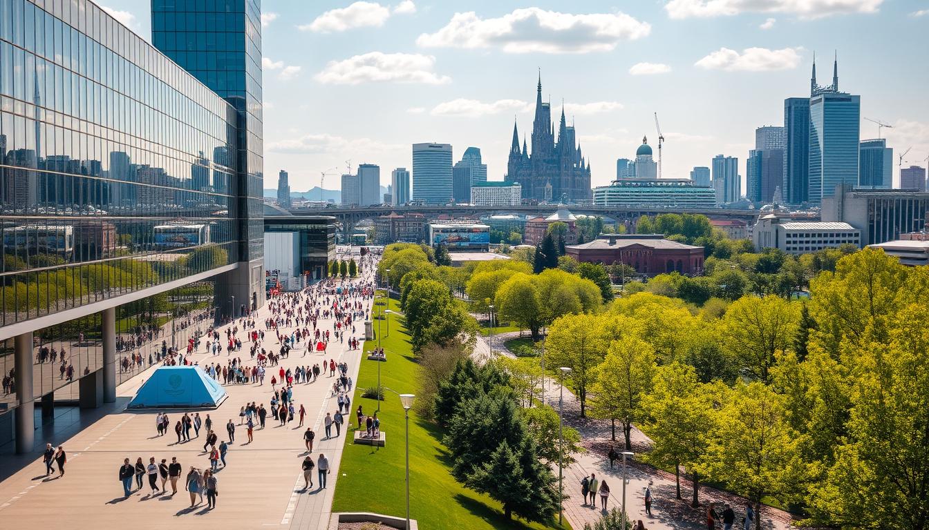 Września 2025, a bustling cityscape on a bright, sunny day. In the foreground, a modern convention center stands tall, its glass facades reflecting the vibrant activity within. Pedestrians stroll along the sidewalks, capturing the energy of the event. In the middle ground, a lush city park provides a tranquil respite, with trees swaying gently in the breeze. In the background, a skyline of sleek high-rises and historical landmarks creates a visually striking contrast, hinting at the city's blend of tradition and innovation. The scene conveys a sense of anticipation and excitement, setting the stage for an important gathering of the tourism industry.