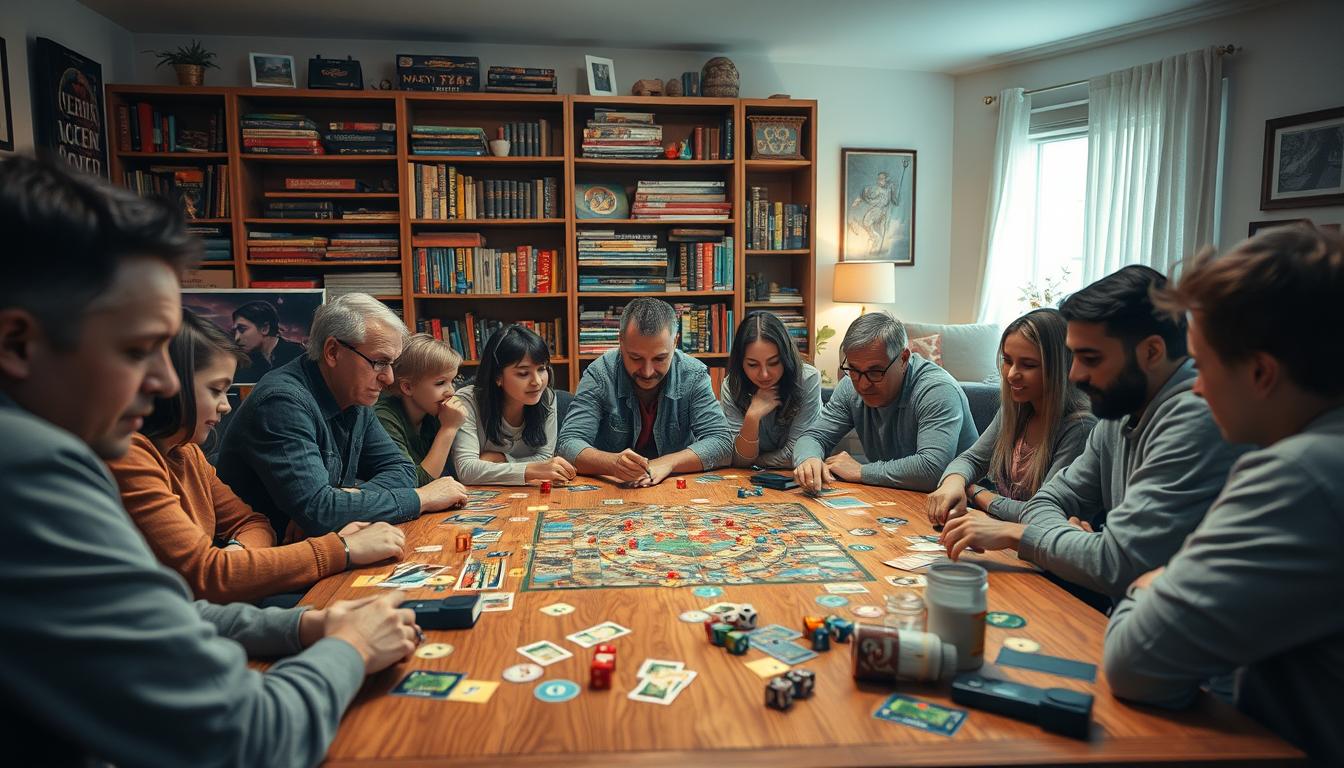 A cozy game night scene, capturing the joy and camaraderie of board game enthusiasts. In the warm, inviting foreground, a diverse group of players of all ages gather around a wooden table, deeply immersed in a lively game session. The table is adorned with an array of colorful game pieces, cards, and dice, creating an atmosphere of strategic contemplation and shared excitement. In the middle ground, bookshelves lined with neatly organized board games suggest a well-curated collection, reflecting a passion for the hobby. The background features a softly lit, inviting living room space, with comfortable furniture and decorative elements that contribute to the overall sense of a welcoming, family-friendly environment. The lighting is gentle, casting a cozy glow over the scene and emphasizing the sense of togetherness and intergenerational connection.