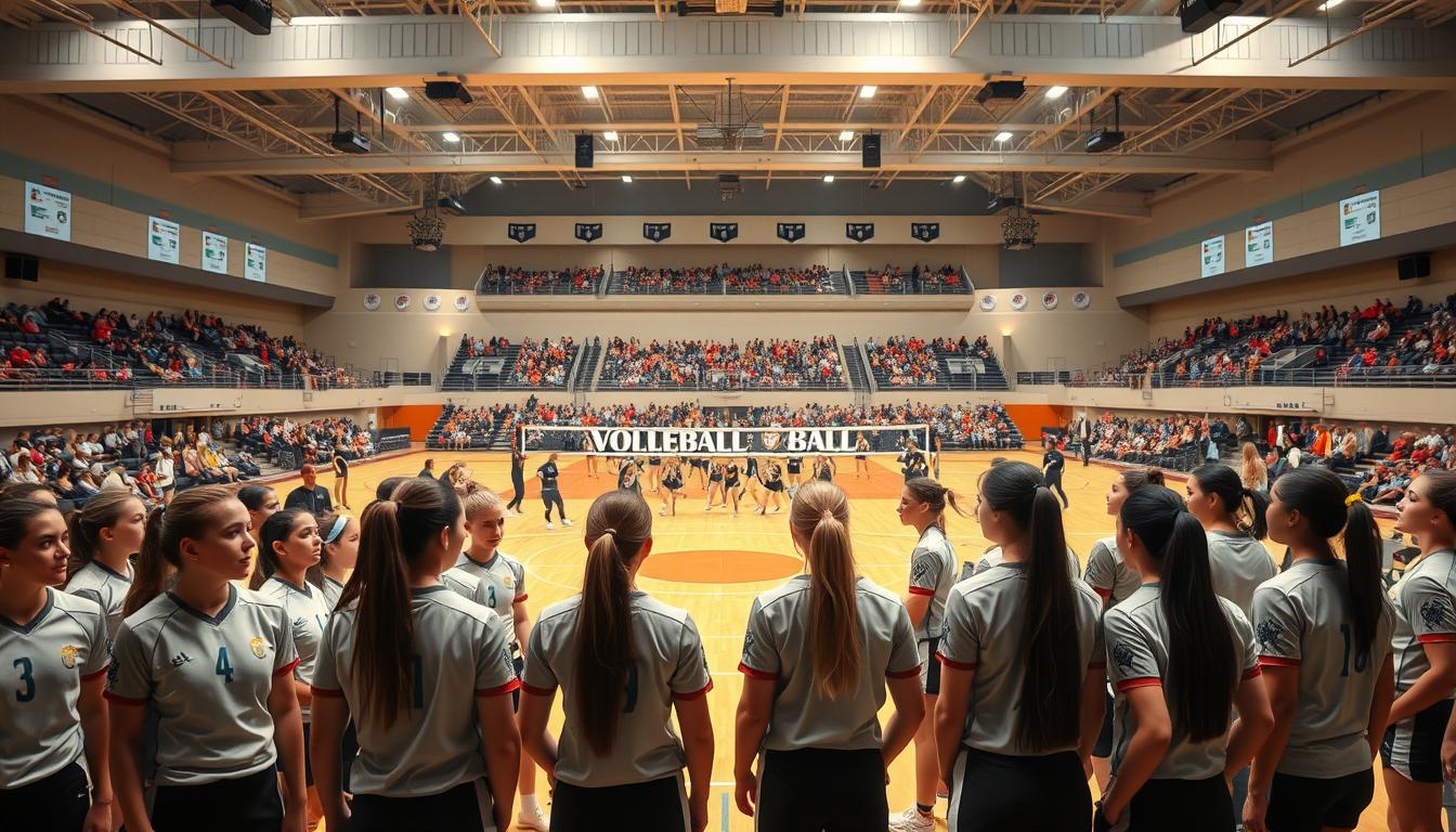 A large volleyball tournament hall filled with a lively atmosphere. In the foreground, a group of 92 young female players in matching uniforms, their expressions focused and determined as they prepare for the match. The middle ground features 12 teams positioned on regulation courts, their movements fluid and coordinated. Soft, diffused lighting casts a warm glow, enhancing the sense of energy and camaraderie. The background showcases the expansive venue, with high ceilings and spectator seating, conveying the scale and significance of this youth volleyball event. An image that captures the essence of a well-organized, highly attended tournament where the participants embody the spirit of fair play and competitive spirit.