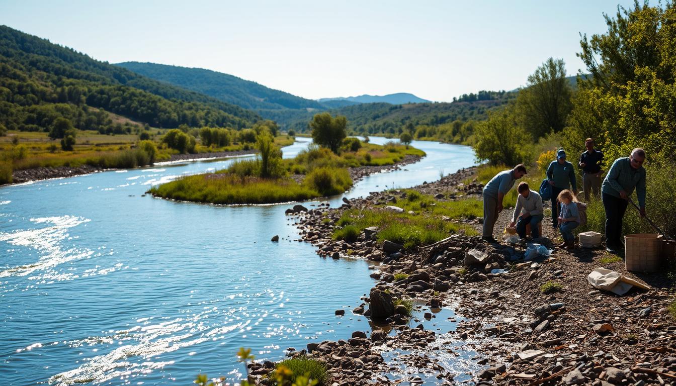 A serene river winding through a lush green landscape, its waters shimmering under the warm afternoon sun. In the foreground, a group of volunteers diligently collect debris and trash, working together to restore the river's natural beauty. The middle ground reveals a picturesque riverbank dotted with trees and wildflowers, while the background showcases rolling hills and a clear, azure sky. The scene conveys a sense of community, environmental stewardship, and the importance of caring for our precious waterways. Soft, diffused lighting casts a gentle glow over the entire composition, enhancing the tranquil mood.