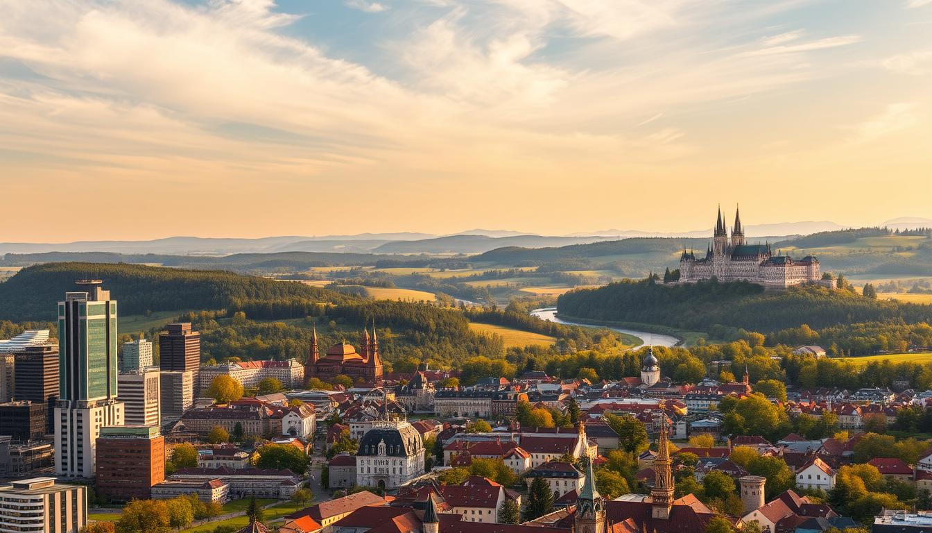 A panoramic landscape showcasing the diverse tourism attractions of the Mazovian Voivodeship. In the foreground, a bustling city center with towering modern skyscrapers contrasts with the historic old town architecture. The middle ground features rolling hills dotted with quaint villages, lush forests, and winding rivers. In the distance, majestic castles and palaces stand atop rolling hills, bathed in warm golden light. The sky is filled with wispy clouds, creating a sense of depth and atmosphere. The overall scene conveys the region's blend of urban modernity and timeless natural beauty, inviting the viewer to explore the many wonders of Mazovia.