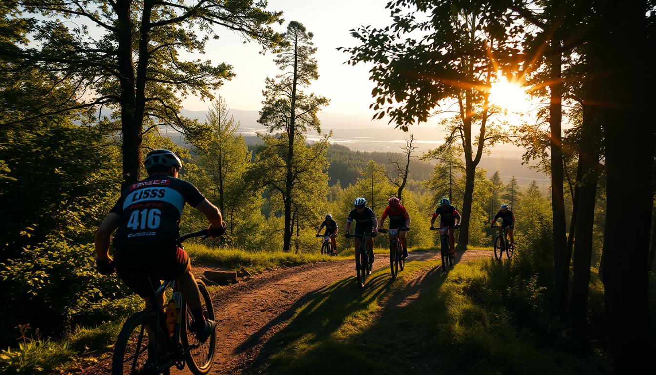 Crisp, cinematic shot of a professional mountain bike marathon event in Poland. Backlit silhouettes of cyclists navigating a challenging, winding trail through lush, verdant forests. Rays of golden sunlight peek through the canopy, casting dramatic shadows. In the foreground, a lone rider in a distinctive club jersey surges ahead, muscles straining as they power up a steep incline. The middle ground reveals a pack of competitors in close pursuit, their bikes a blur of motion. In the background, a picturesque Polish countryside landscape unfolds, rolling hills and distant mountains forming a breathtaking backdrop. Evoke a sense of triumph, athleticism, and the glory of a historic national championship.