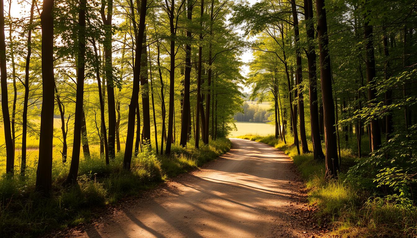 A picturesque forest trail, dappled with sunlight filtering through the canopy of lush, verdant foliage. Smooth, packed dirt snakes through the scene, inviting the viewer to embark on a leisurely bike ride. Tall, slender trees line the path, their trunks casting long, dramatic shadows that add depth and atmosphere. The gentle curve of the trail leads the eye towards a warm, golden horizon, hinting at the tranquil countryside beyond. A sense of peaceful adventure pervades the image, capturing the essence of preparing for an idyllic cycling excursion.
