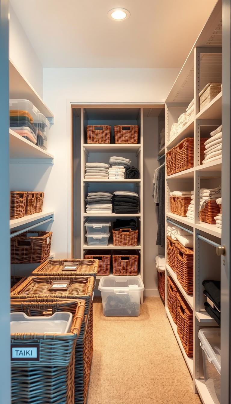 A bright, well-organized closet with various storage containers and baskets neatly arranged on adjustable shelves. The closet is illuminated by soft, warm lighting that casts a cozy glow, highlighting the clean lines and efficient layout. In the foreground, a series of wicker baskets and clear plastic bins are carefully labeled and positioned for easy access. In the middle ground, rows of folded clothes and neatly stacked items sit on sturdy shelving units. The background reveals a neutral-toned, minimalist backdrop, allowing the organizational elements to take center stage. The overall scene conveys a sense of order, efficiency, and a thoughtful approach to closet organization.