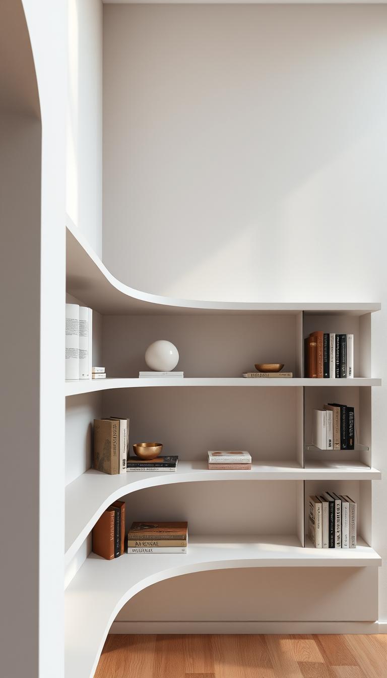 A minimalist, elegant bookshelf staged with thoughtful negative space. The shelves feature clean lines, with carefully curated objects positioned to create a visually striking composition. Soft, diffused lighting from above highlights the textures and shadows, lending a serene, gallery-like ambiance. The camera angle is slightly elevated, emphasizing the architectural elements and drawing the viewer's eye through the open, airy layout. The overall mood is one of refined simplicity, showcasing how the strategic use of empty space can elevate the styling of a bookshelf.