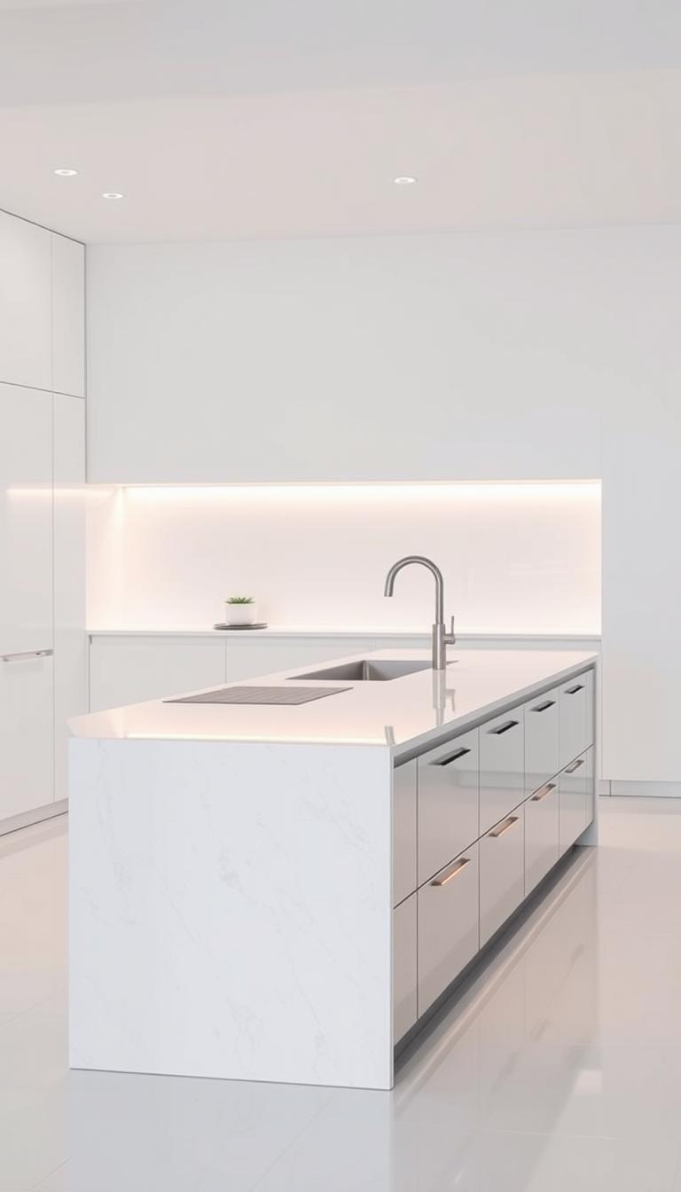 A modern, sleek kitchen island with a minimalist design and clean, angular lines. The island features a smooth, glossy countertop made of high-quality quartz or marble, reflecting the warm ambient lighting overhead. Discreet, recessed cabinets and drawers line the island's sides, offering hidden storage and a clutter-free workspace. The island is set against a backdrop of pristine white walls, creating a sense of airy elegance. Soft, diffused lighting casts a gentle glow, complementing the island's streamlined silhouette. The scene conveys a sophisticated, contemporary atmosphere, perfect for a chic and trendy luxury kitchen.