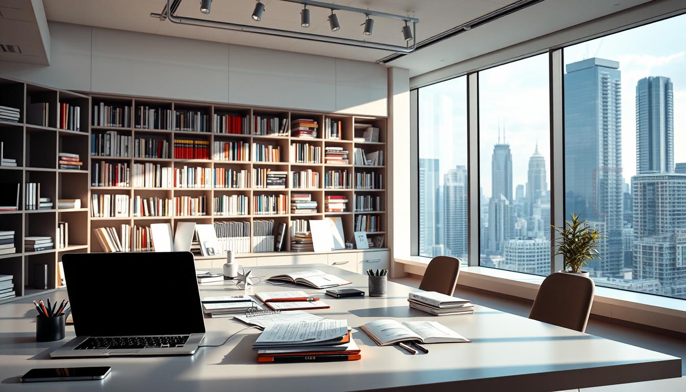 A modern data science laboratory with a sleek, minimalist design. In the foreground, a desk with a laptop, notebooks, and various data analysis tools arranged neatly. Soft, directional lighting illuminates the scene, casting subtle shadows that add depth and dimension. In the middle ground, towering shelves filled with technical books and reference materials, hinting at the depth of knowledge required for data science projects. The background features a large, floor-to-ceiling window, offering a view of a bustling city skyline, symbolizing the real-world applications and impact of data science work. The overall atmosphere is one of focused productivity, innovation, and a sense of progress in the field of AI and machine learning.