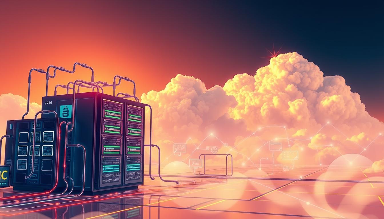A striking digital illustration of cloud computing infrastructure and DevOps automation. In the foreground, a cluster of interconnected servers and virtual machines, with colorful data streams flowing between them. In the middle ground, a series of software development tools and pipelines, representing the DevOps workflow. In the background, a vast, ethereal cloud formation, symbolizing the scalable, on-demand nature of cloud computing. The scene is bathed in a warm, techno-futuristic glow, with precise, geometric lighting that highlights the clean, sleek lines of the technology. The overall atmosphere conveys a sense of seamless integration, efficiency, and the power of modern cloud-based DevOps.
