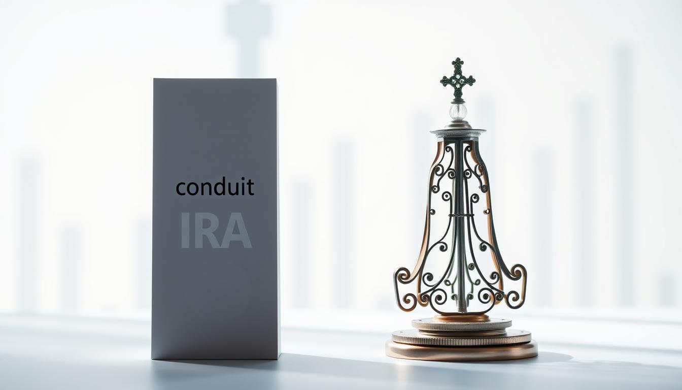 A well-lit comparison of a Conduit IRA and a Traditional IRA, rendered in a clean, minimalist style. The Conduit IRA stands tall, its sleek, modern design embodying efficiency and simplicity. Beside it, the Traditional IRA appears more ornate, hinting at its deeper complexities. The background is a softly blurred financial landscape, lending an air of professionalism and gravitas. Carefully considered lighting casts subtle shadows, highlighting the distinct characteristics of each retirement account option. The composition invites the viewer to thoughtfully consider the differences between these two financial instruments.