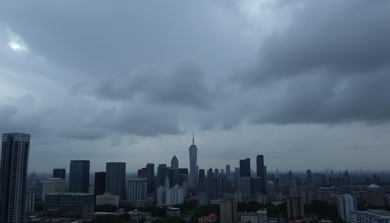 A gloomy, cloudy sky hovers over a cityscape, casting a somber tone. In the foreground, a stock chart of KinderCare's performance flickers on a digital display, its downward trajectory casting shadows over the bustling city below. The buildings are a mix of modern high-rises and older structures, reflecting the uncertain future of the childcare provider. The image conveys a sense of unease and financial risk, as the viewer is left to ponder the challenges facing KinderCare and its potential investors.