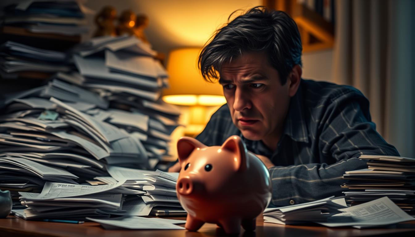 A cluttered desk overflowing with bills, receipts, and financial documents, casting a gloomy shadow on a worried person's face. In the foreground, a piggy bank teetering on the edge, symbolizing the precarious nature of personal finances. The background fades into a dimly lit room, creating an atmosphere of unease and financial stress. Soft, warm lighting illuminates the scene, highlighting the disorganized state of the finances and the palpable sense of concern on the individual's expression.