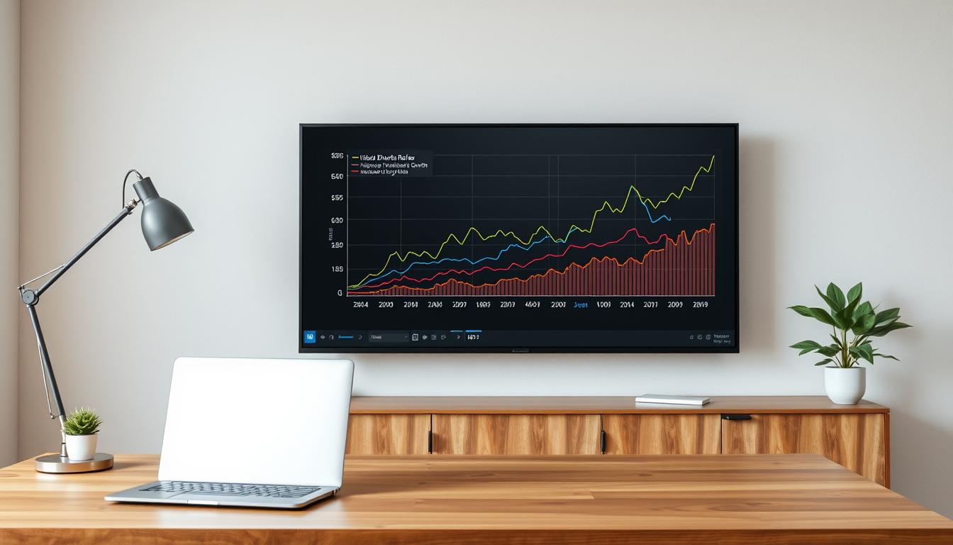 A modern office setting with a large monitor displaying a detailed line graph analysis of historical dividend growth rates. The foreground features a wooden desk with a laptop, a stylish desk lamp, and a potted plant, creating a professional and refined atmosphere. The middle ground showcases the dynamic line graph, with different colored lines representing various companies' dividend growth trajectories over time. The background is a clean, minimalist wall with a subtle texture, allowing the data visualization to take center stage. The lighting is soft and diffused, creating a sense of clarity and focus on the analytical information. The overall composition conveys a sense of data-driven decision-making and financial analysis.