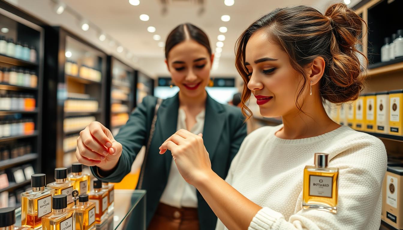 Mulher testando diferentes perfumes femininos da Boticário