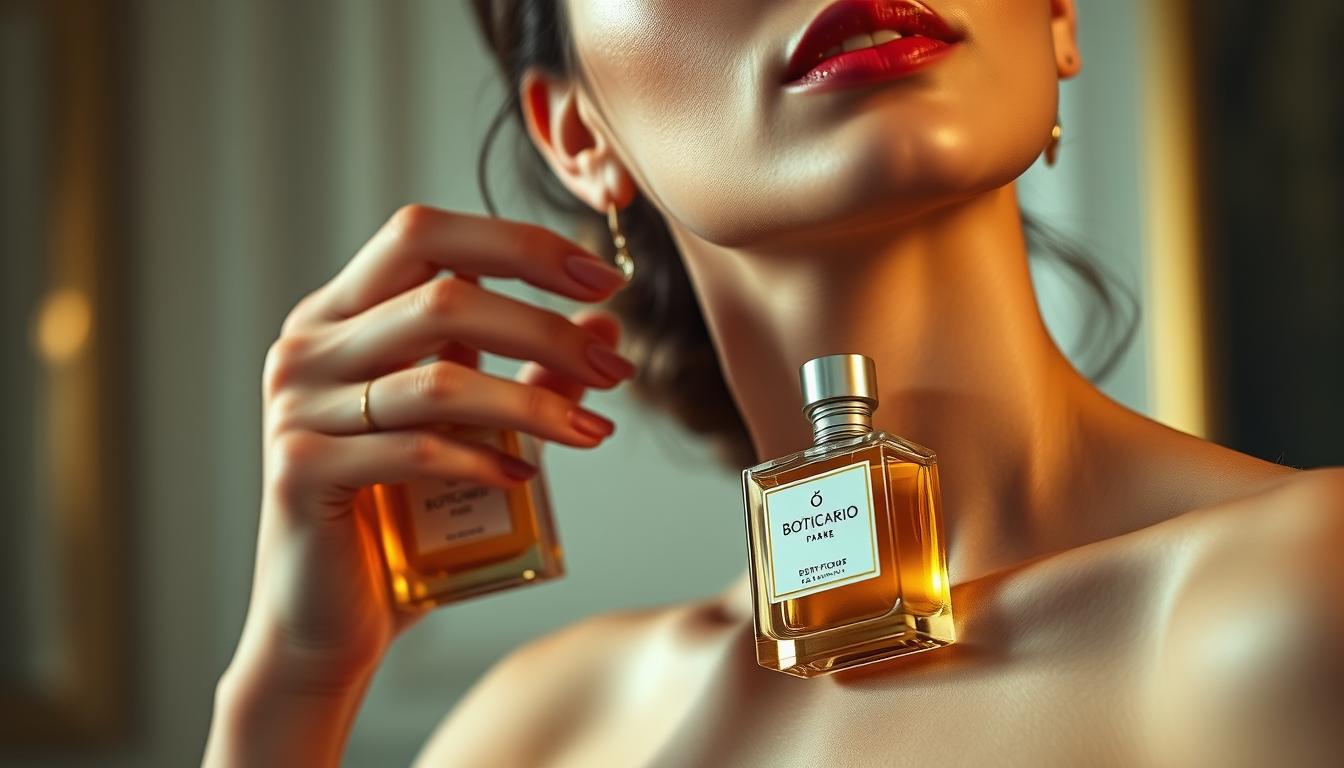 Mulher aplicando perfume feminino da Boticário no pescoço