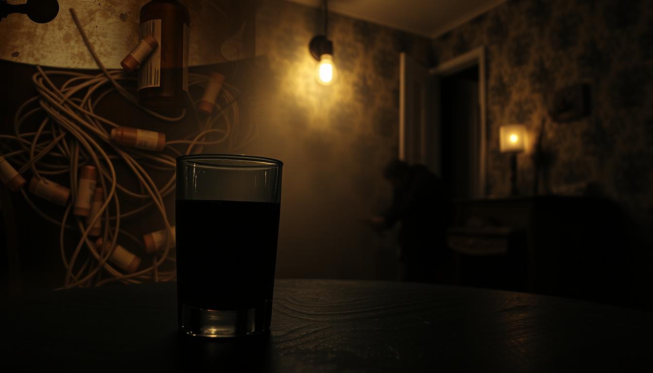 A grim, unsettling scene of the consequences of heavy alcohol use. In the foreground, a glass half-filled with a dark, amber liquid casts an ominous glow. Surrounding it, a collage of distorted, blurred imagery - a winding highway, a tangled web of prescription bottles, a shadowy figure hunched in a corner. The middle ground is shrouded in a hazy, sepia-toned atmosphere, conveying a sense of unease and deterioration. In the background, a dimly lit, dilapidated room, with peeling wallpaper and a single, flickering light bulb, underscoring the isolation and despair associated with alcohol abuse. The scene is lit by a harsh, dramatic chiaroscuro, creating a sense of depth and foreboding. The overall mood is one of deep, haunting melancholy, a stark warning of the heavy toll that excessive alcohol consumption can take on an individual's physical and mental well-being.