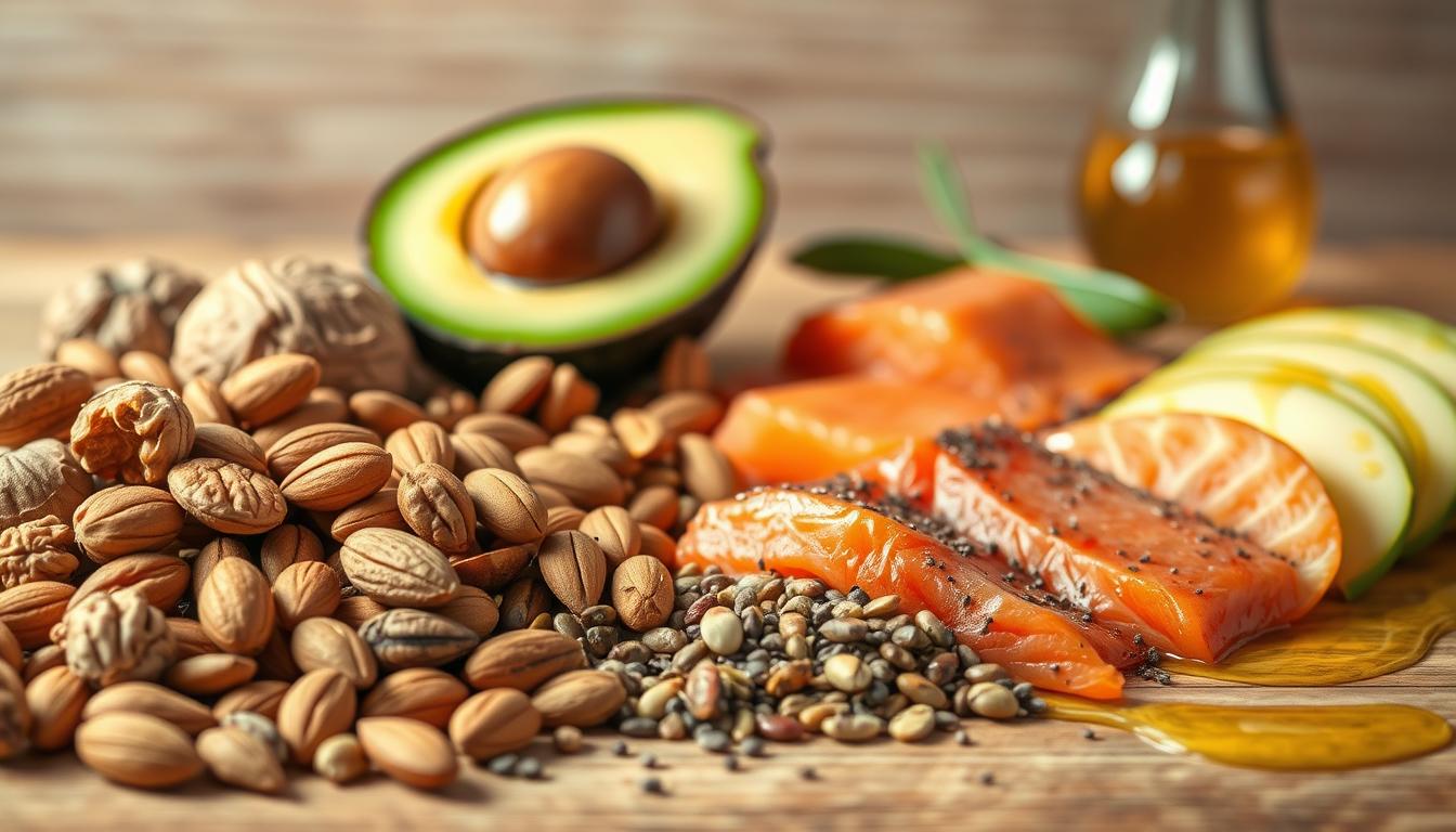 An artistic still-life image of heart-healthy fats captured in a warm, natural lighting. In the foreground, a variety of nuts and seeds including walnuts, almonds, and chia seeds are arranged in a visually appealing manner. In the middle ground, avocado halves and slices of fatty fish like salmon are displayed. The background features a soft, blurred texture of olive oil drizzled over a wooden surface, evoking a sense of nourishment and vitality. The image should convey the richness, variety, and health benefits of these nutrient-dense fats.