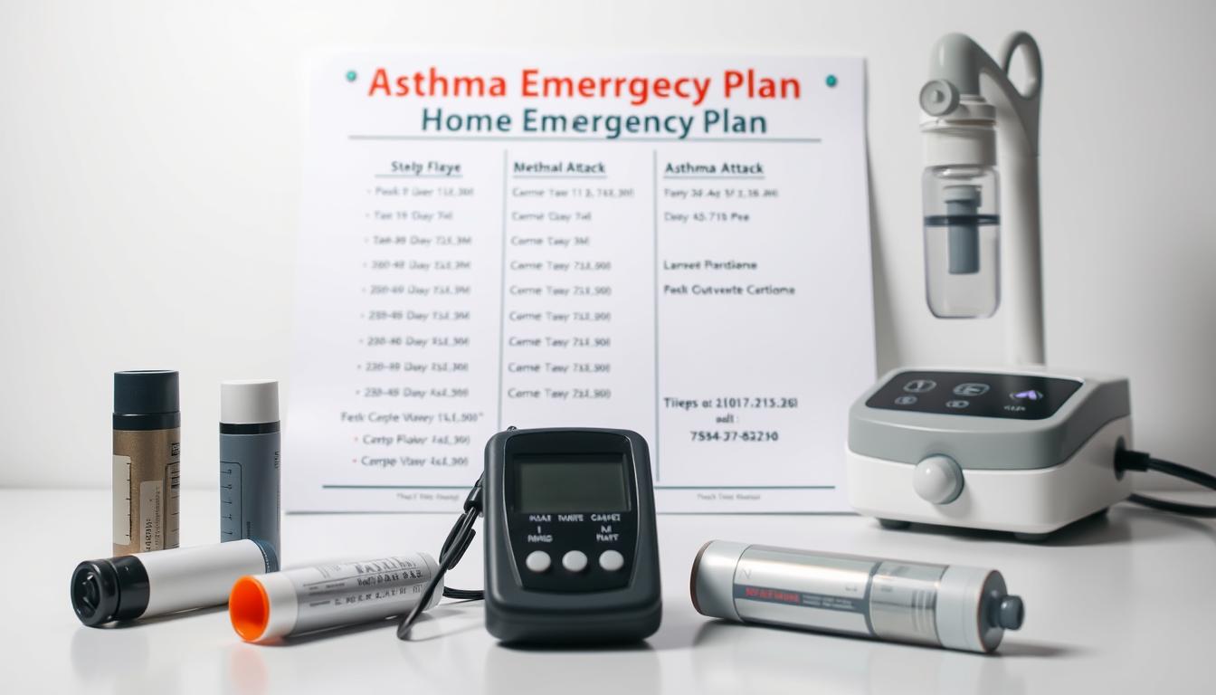 A detailed asthma emergency plan displayed prominently on a clean, clinical white background. In the foreground, a set of medical inhalers, a peak flow meter, and a nebulizer machine. In the middle ground, a neatly organized list of steps to take during an asthma attack, including medication dosages and emergency contact information. The lighting is soft and even, creating a sense of professionalism and authority. The camera angle is slightly elevated, giving the viewer a comprehensive overview of the essential elements. The overall mood is one of preparedness and reassurance, conveying the importance of having a well-documented plan to manage asthma emergencies at home.