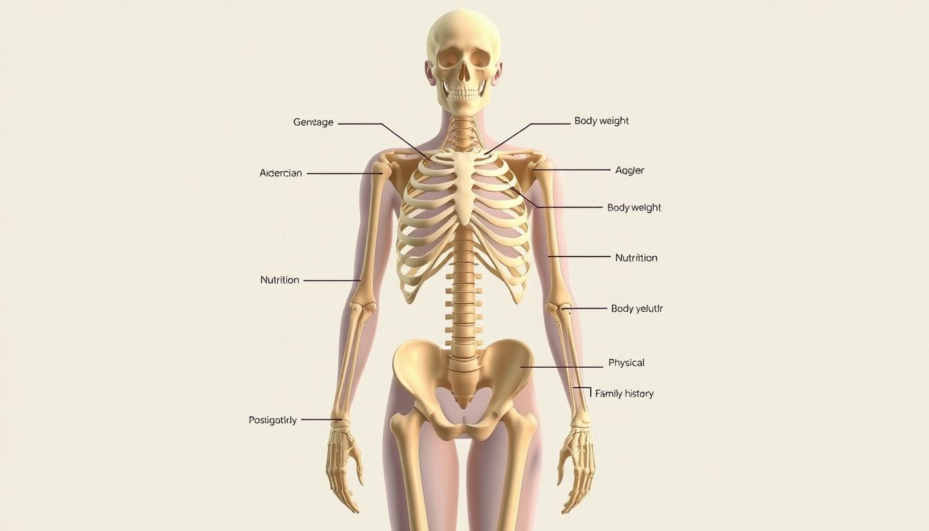 A detailed anatomical illustration depicting the key personal risk factors for bone health. The central focus is a human skeletal system rendered in a clean, medical illustration style, with specific areas highlighted to indicate factors like age, gender, body weight, nutrition, physical activity, and family history. The background is a minimalist, muted color palette, allowing the subject to take center stage. Soft, diffused lighting creates depth and volume, while a subtle grid or blueprint-like motif in the backdrop suggests a scientific, educational context. The overall mood is one of clinical precision and informative clarity, designed to effectively communicate the message within the article's &quot;Understanding Your Personal Risk Factors&quot; section.