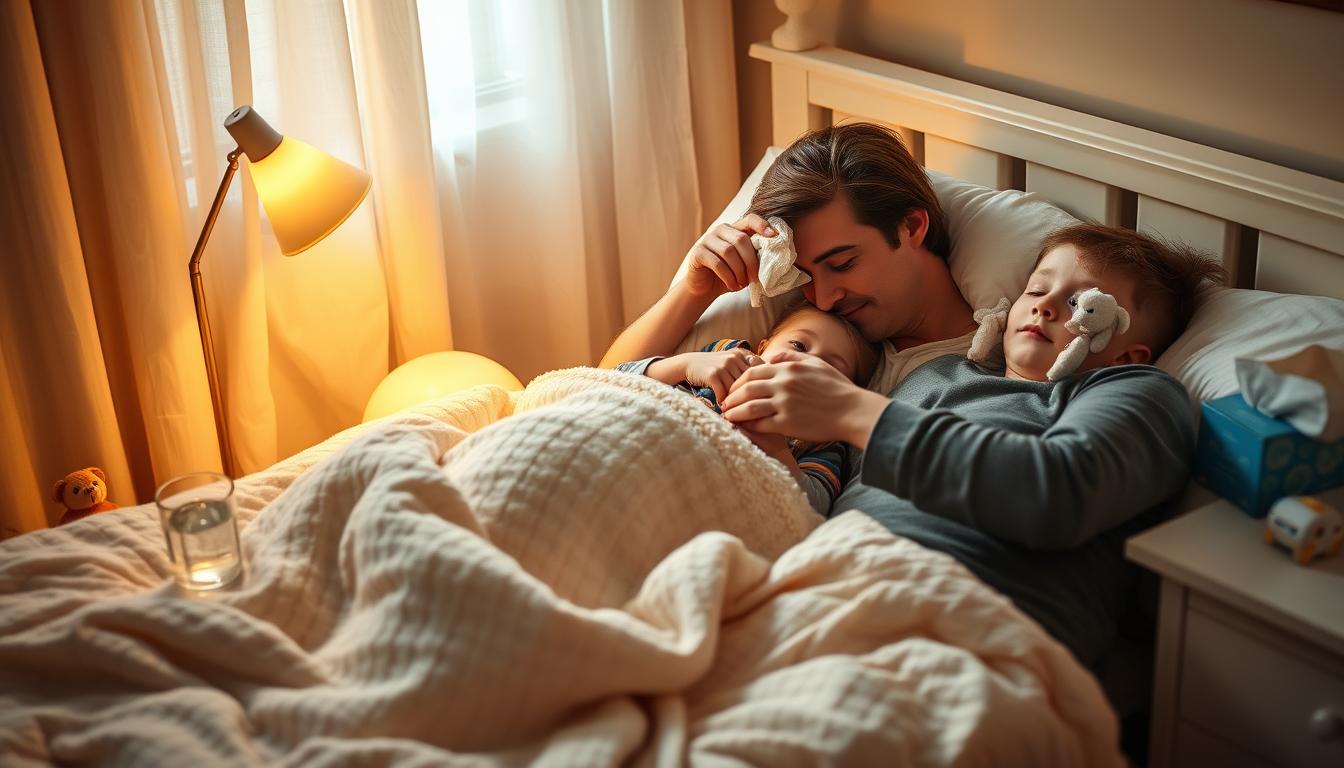 A cozy bedroom setting with warm, soft lighting casts a gentle glow on a young child lying in bed, covered in a soft, plush blanket. A loving parent sits nearby, offering a cool, damp cloth to gently dab the child's flushed forehead. On the nightstand, a glass of water, a box of tissues, and a few comforting toys create a scene of tender, at-home care. The atmosphere is one of calm, reassurance, and the comfort of familiar surroundings during a time of illness.