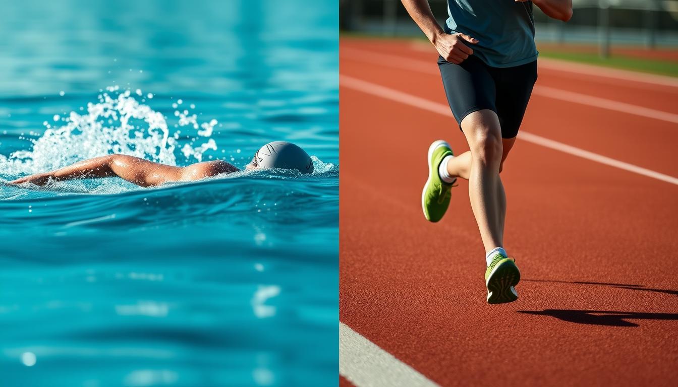 A side-by-side comparison of a swimmer and a runner, showcasing the joint impact and injury risks associated with each sport. In the foreground, the swimmer gracefully glides through the water, their joints cushioned by the low-impact environment. In the middle ground, the runner strides confidently on a track, their muscles and joints absorbing the high-impact forces of each step. The background blurs, emphasizing the focus on the two athletes and their contrasting joint experiences. Dramatic lighting casts dramatic shadows, highlighting the physicality of the movements. The overall atmosphere conveys a sense of scientific analysis, inviting the viewer to consider the nuances of joint health in different athletic pursuits.