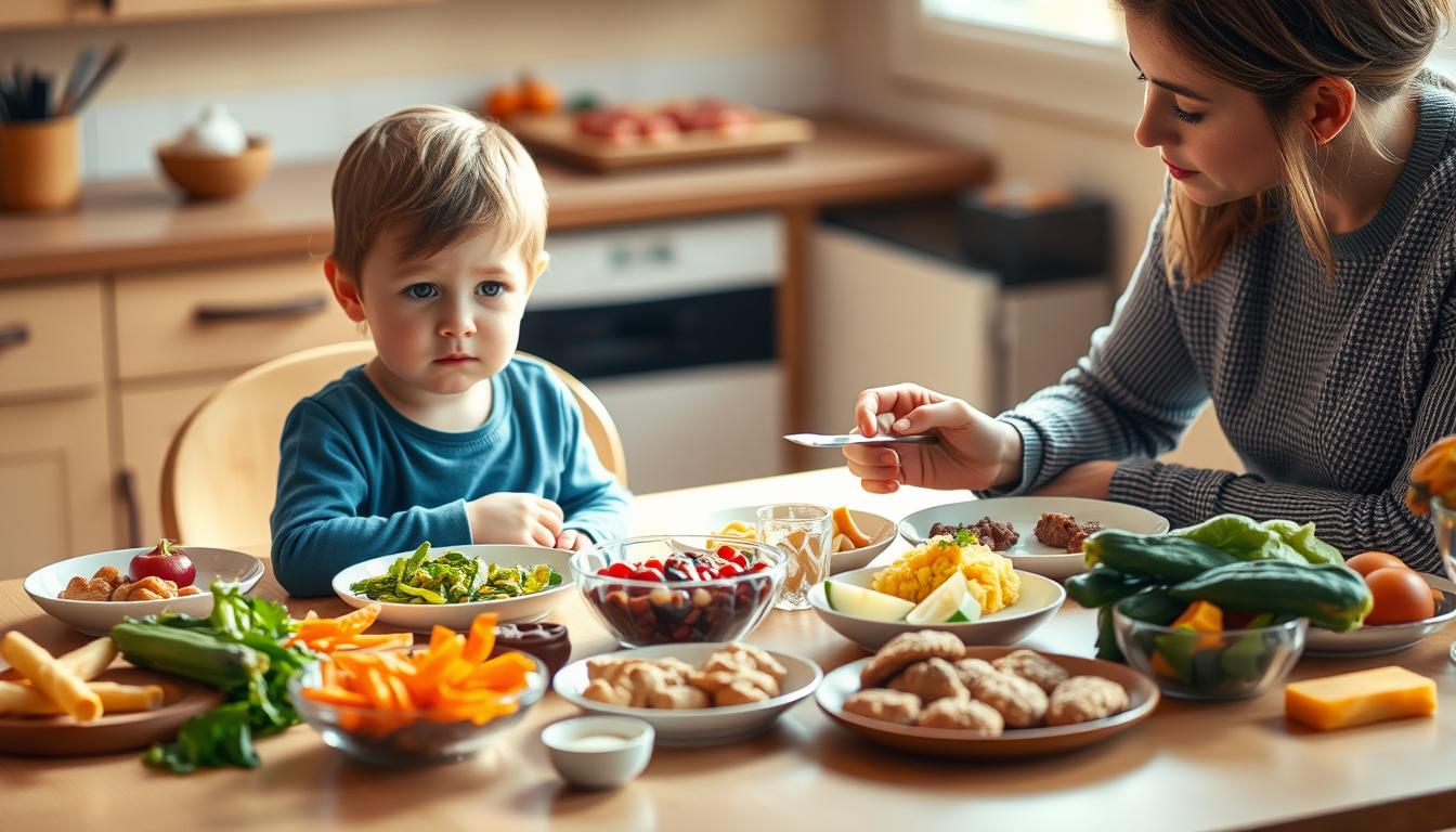 A kitchen table with a diverse array of foods - from brightly colored vegetables to enticing treats - sits in a warm, inviting room. A young child sits at the table, their face expressing reluctance and resistance, as a parent gently encourages them to try the different dishes. The lighting is soft and natural, casting a nurturing glow over the scene. The composition emphasizes the interaction between the parent and child, capturing the challenges and opportunities of picky eating in a relatable, emotional way.