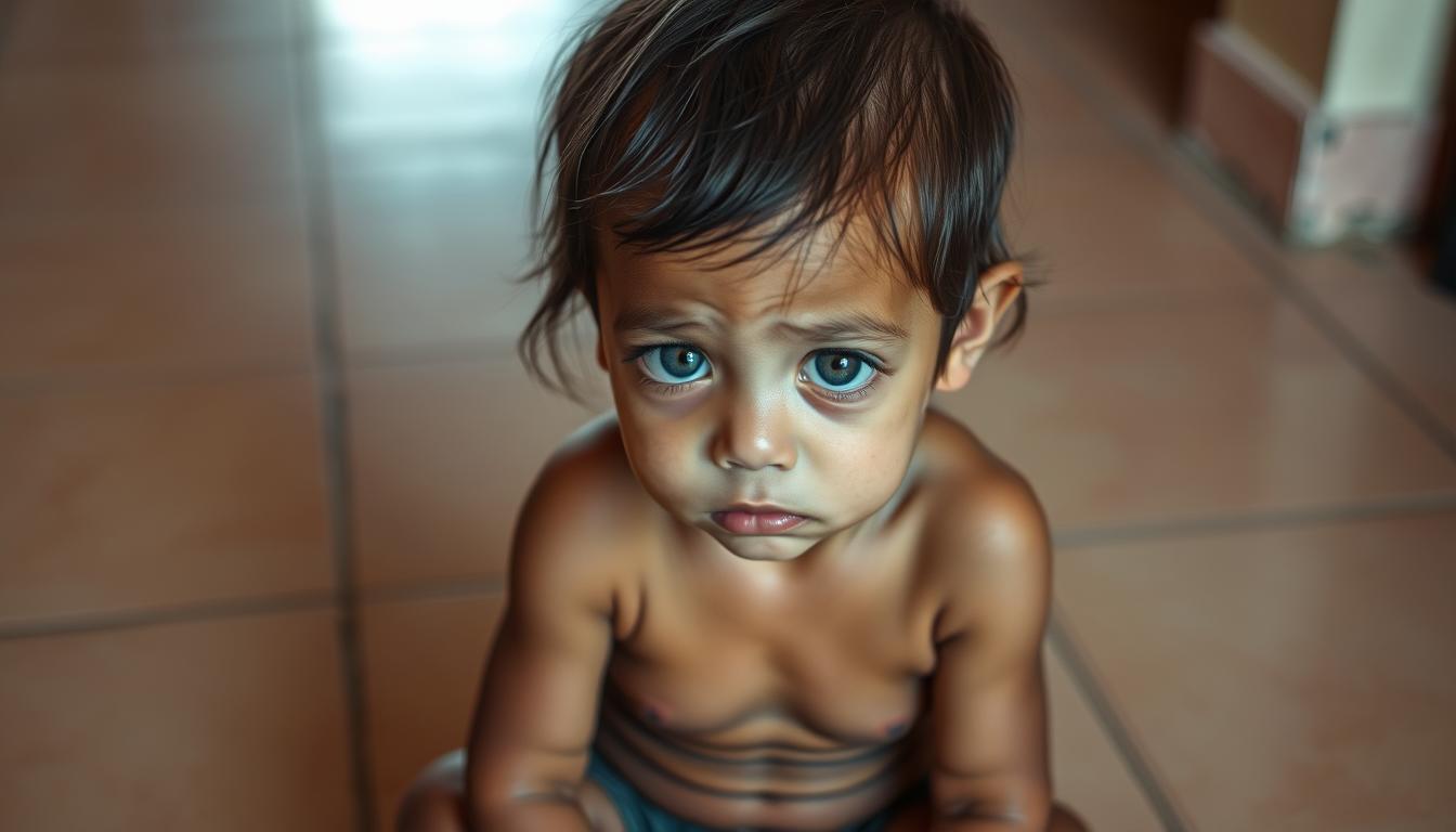 A pale, listless child with sunken eyes and thinning hair sits on a tiled floor, their body language reflecting lethargy and discomfort. Subtle discoloration on the skin hints at nutrient deficiencies. The scene is lit by a soft, warm light from an unseen source, creating a sense of vulnerability and concern. The background is blurred, placing the focus squarely on the child's distressed physical state, conveying the gravity of the situation and the need for proper nutrition and care.