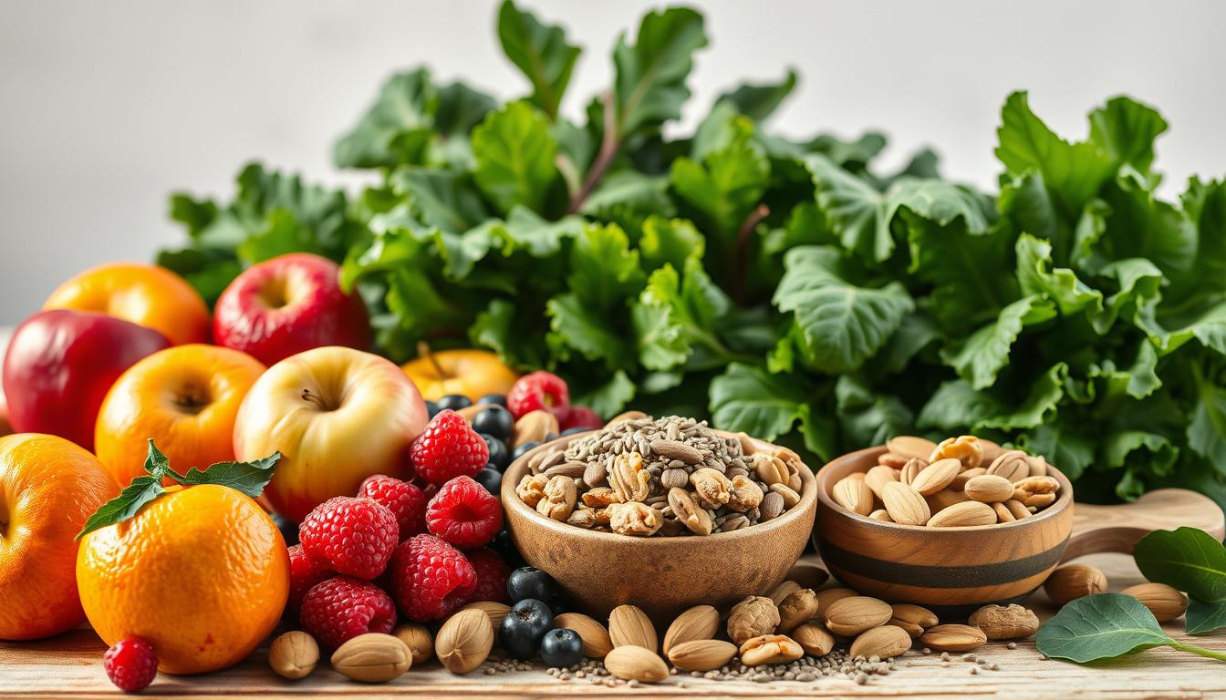 A vibrant still life composition showcasing a selection of fresh, wholesome alternatives to sugary snacks. In the foreground, an assortment of seasonal fruits such as crisp apples, juicy oranges, and vibrant berries, arranged with care. In the middle ground, a variety of nuts and seeds, including almonds, walnuts, and chia seeds, spilling out of rustic ceramic bowls. In the background, lush leafy greens, such as kale and spinach, providing a verdant backdrop. The lighting is soft and natural, casting a warm glow over the scene. The overall mood is one of health, balance, and mindful indulgence, inspiring viewers to make nutritious choices.