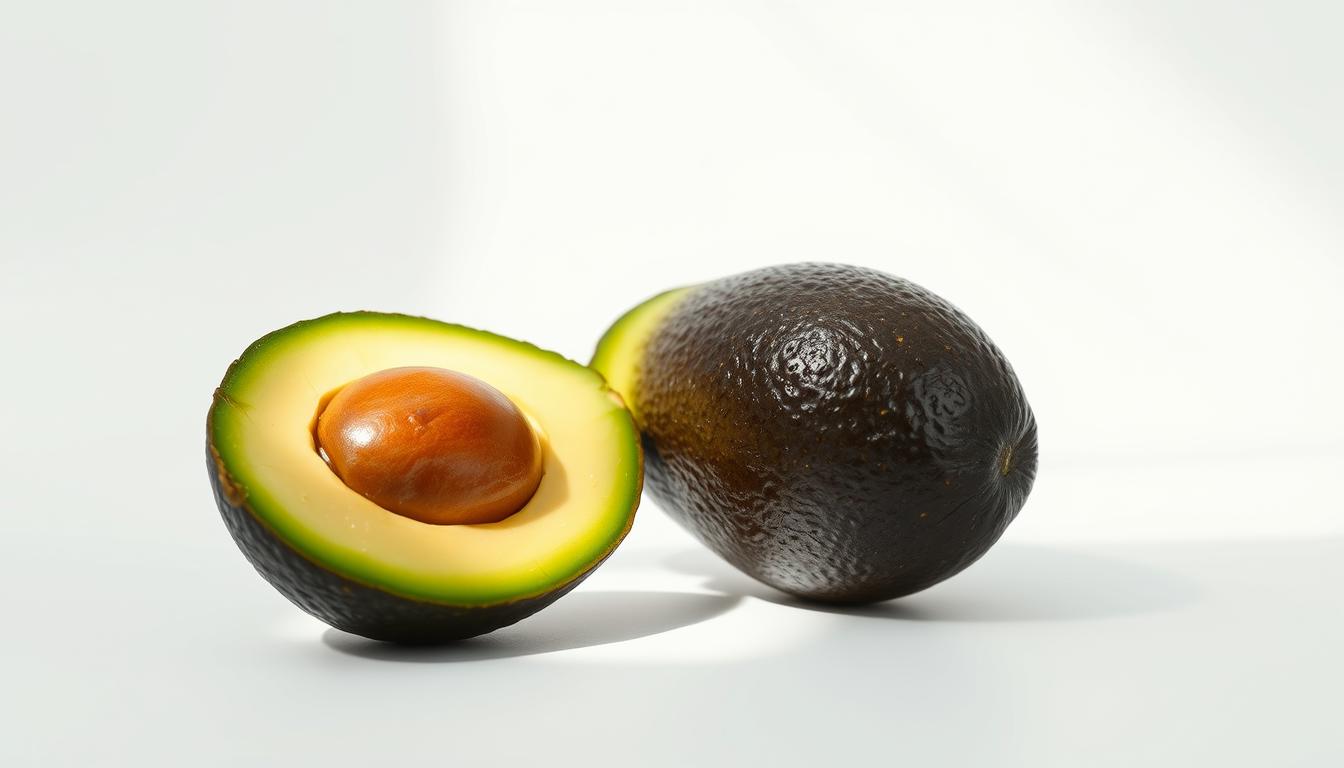 A high-resolution, photorealistic image of an avocado cut in half, revealing its creamy green flesh and large pit. The avocado is positioned in the center of the frame, illuminated by soft, diffused natural lighting from the left side, casting gentle shadows. The background is a clean, white studio environment, allowing the avocado to be the focal point. The image clearly highlights the avocado's nutritional benefits, showcasing its vibrant color, smooth texture, and abundant healthy fats and vitamins. The composition and lighting create an appetizing, artisanal presentation, emphasizing the avocado's status as a superfood.