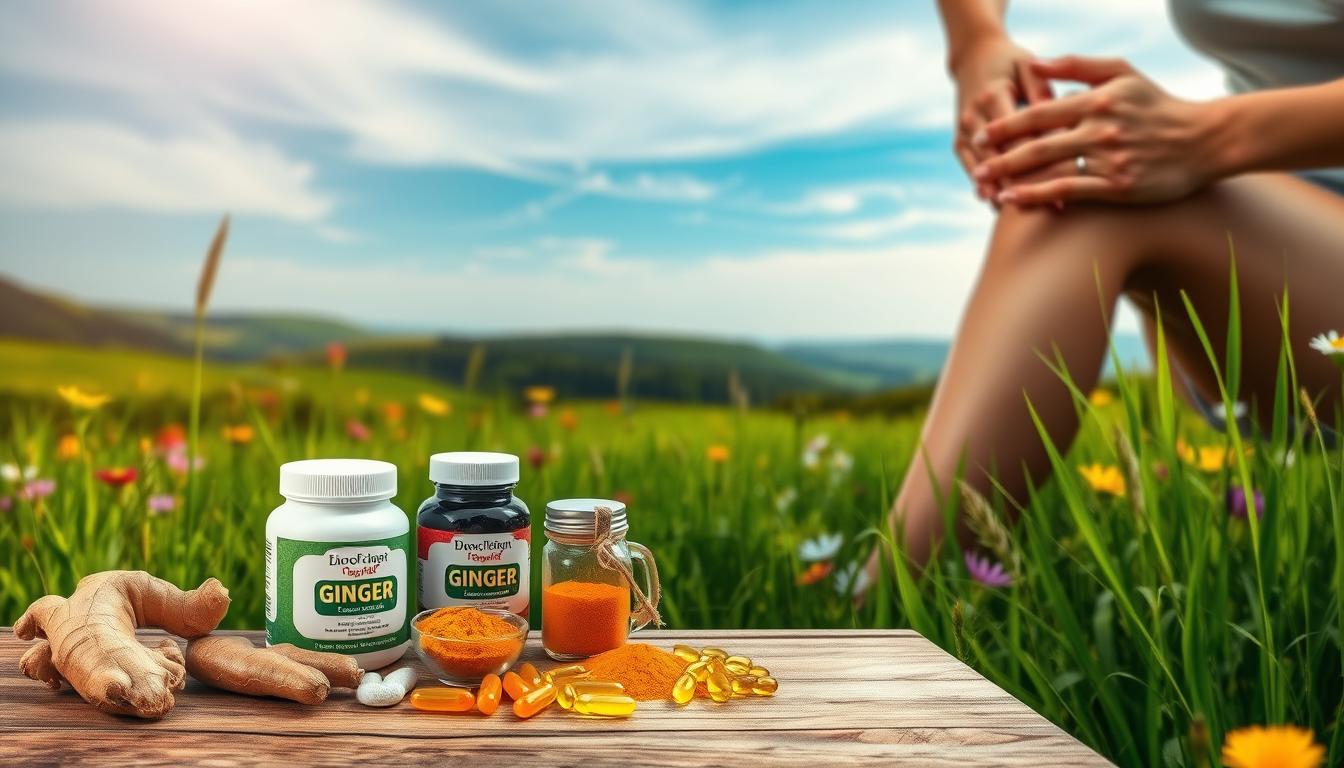 A calm scene showing natural supplements like turmeric, ginger, and glucosamine alongside a person gently massaging their knee — visualizing natural approaches to joint pain relief