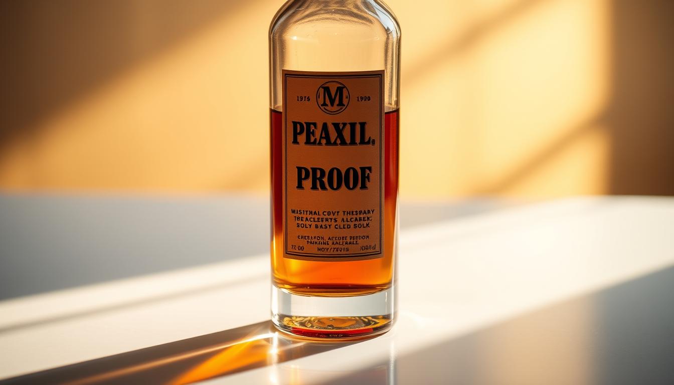 A high-quality glass bottle containing a clear, amber-colored liquid, standing upright on a smooth, reflective surface. The bottle features a distinct label displaying the alcohol proof in bold, prominent text. Soft, warm lighting casts gentle shadows, emphasizing the bottle's elegant form and the alluring transparency of the liquid. The background is subtly blurred, allowing the bottle to be the central focus, conveying a sense of refinement and attention to detail.