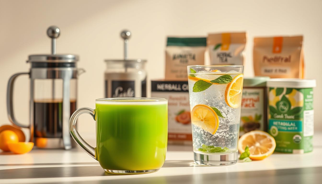 A still life scene of various metabolism-boosting beverages against a bright, airy backdrop. In the foreground, a glass of green tea steams gently, its vibrant green hue contrasting with the smooth ceramic mug. Behind it, a stainless steel French press brims with freshly brewed coffee, its rich aroma wafting through the air. To the side, a chilled glass of infused water sparkles, sliced citrus fruits and mint leaves suspended within. In the background, a selection of herbal teas and botanical supplements are arranged artfully, their labels showcasing their health-promoting properties. Soft, natural lighting casts a warm glow over the scene, enhancing the premium, high-quality feel of the display. The overall composition exudes a sense of vitality and wellness, capturing the essence of metabolism-boosting beverages.