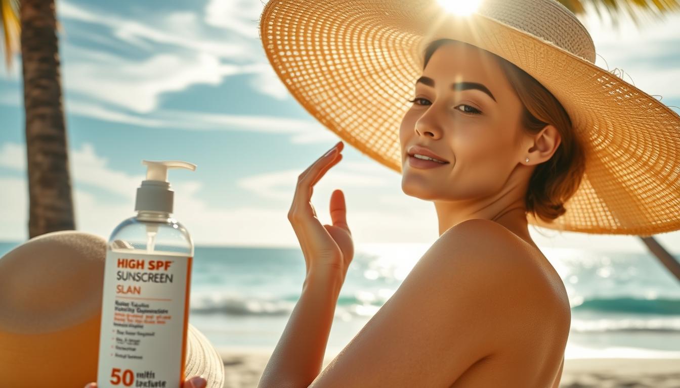 A serene beach scene with a woman applying sunscreen to her face, the sun's warm rays filtering through wispy clouds. In the foreground, a glass bottle of high-SPF sunscreen and a wide-brimmed sun hat. The middle ground features the woman, her skin glowing, delicately massaging the lotion into her skin. In the background, a tranquil ocean laps at the shore, palm trees swaying gently. Soft, diffused lighting accentuates the scene, creating a relaxed, soothing atmosphere that emphasizes the importance of sun protection for healthy, youthful skin.