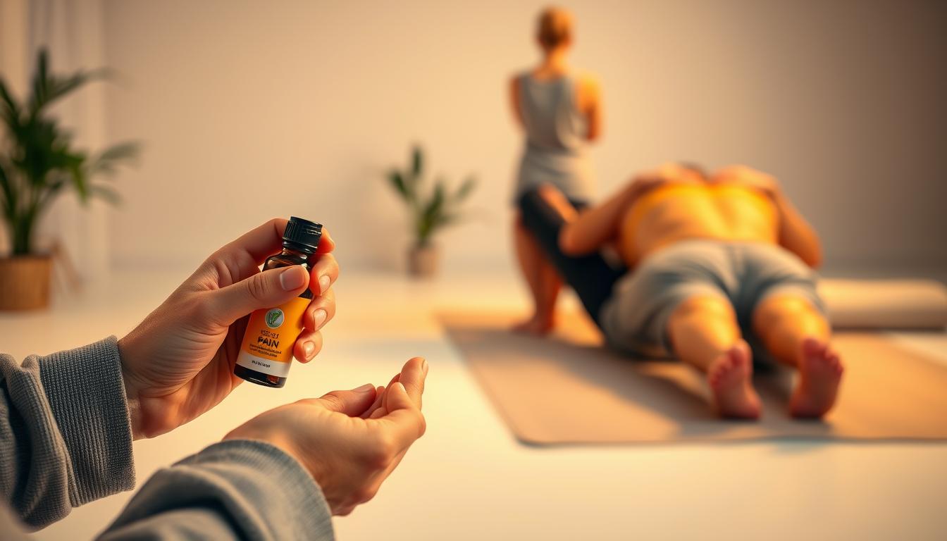 A well-lit studio scene depicting various natural joint pain relief techniques. In the foreground, a person's hands applying soothing essential oils to their knee. In the middle ground, a person performing gentle stretches and exercises to relieve joint stiffness. In the background, a person receiving a therapeutic massage on their lower back. Soft, warm lighting creates a calming, serene atmosphere. The overall scene conveys a sense of holistic, natural approaches to managing joint discomfort.