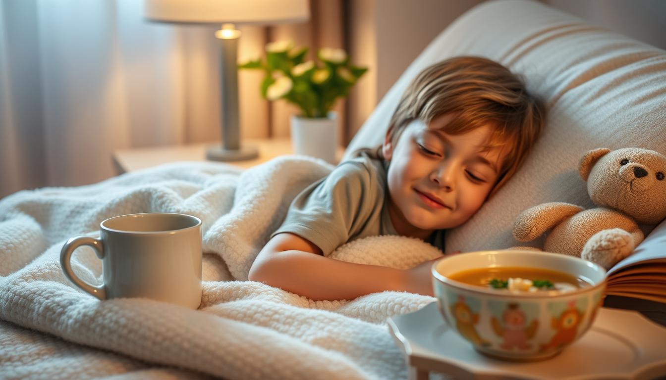 A warm, cozy living room setting with a child resting on a soft, plush blanket. Soothing lighting from a nearby lamp casts a gentle glow, creating a comforting atmosphere. On a side table, a mug of warm herbal tea and a bowl of homemade chicken soup. A stuffed animal and a children's storybook are within reach, providing comfort and distraction. The child's expression is one of contentment, their face flushed with the glow of good care. Soft, muted tones throughout, evoking a sense of rest and healing.