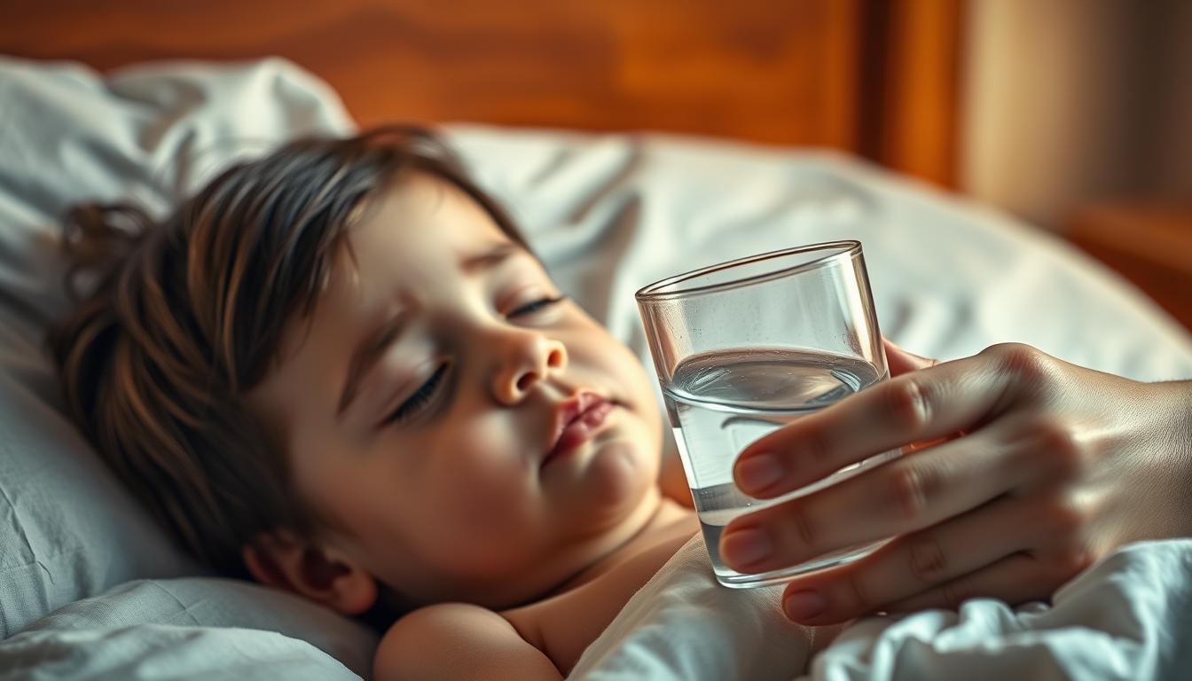A young child resting in bed, looking tired and slightly flushed, as a caring parent gently holds a glass of water near their lips, encouraging them to stay hydrated during their illness. The scene is bathed in soft, warm lighting, creating a soothing and comforting atmosphere. The background is slightly blurred, focusing the viewer's attention on the intimate interaction between the child and the parent. The composition emphasizes the importance of attentive care and proper hydration for a child's well-being during times of sickness.