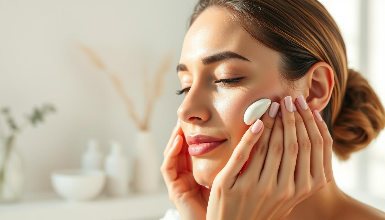 Serene and tranquil scene of a woman applying anti-aging skincare products. Soft, natural lighting illuminates her youthful, glowing skin. Closeup view of hands gently massaging a nourishing face cream into her face. Smooth, poreless complexion with a healthy, radiant appearance. Peaceful, calm atmosphere with a soothing color palette of soft pinks, creams, and whites. Minimalist, spa-like setting with simple, elegant decor. Focus on the essential, effective steps of an anti-aging skincare routine for a visibly younger, more vibrant complexion.