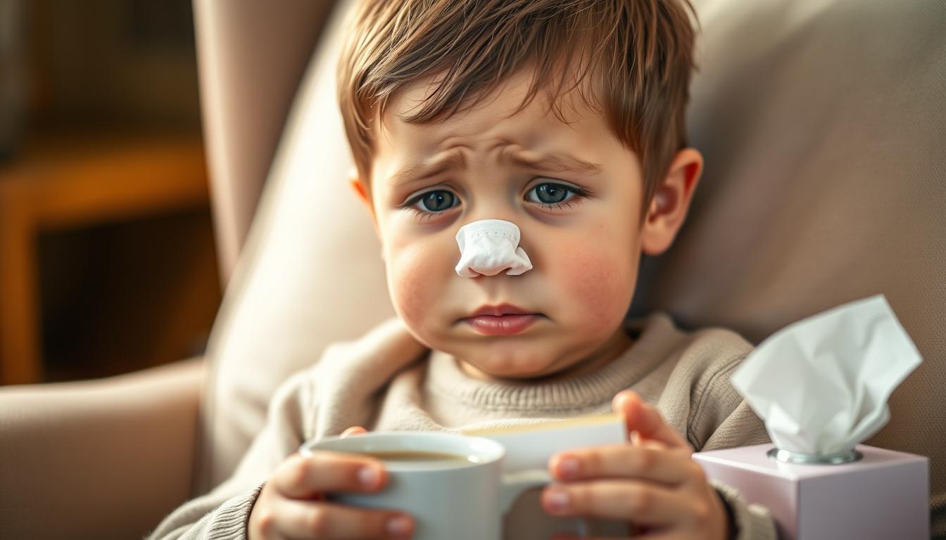 A young child with a stuffed-up nose, flushed cheeks, and a worried expression. Soft, warm lighting illuminates the scene, casting a cozy, comforting atmosphere. The child is seated in a comfortable armchair, a box of tissues within reach, as they sip from a mug of warm tea. The background is blurred, drawing the focus to the child's face and conveying a sense of quiet rest and care. The image captures the vulnerable yet resilient nature of a child battling a common cold, emphasizing the need for gentle, safe remedies to help them recover.
