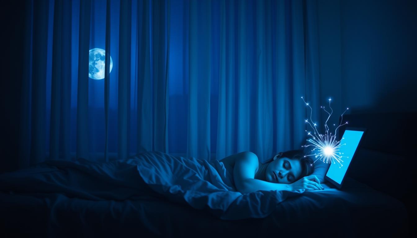 A dimly lit bedroom, moonlight filtering through sheer curtains, casting a soft blue glow upon the sleeping figure. The light from a nearby digital device bathes the room in a cooler, harsher tone, creating a stark contrast and disrupting the natural circadian rhythm. Wisps of energy emanate from the screen, symbolizing the impact of blue light on the body's ability to rest and restore. The scene conveys a sense of unease, a discord between technology and the body's need for restorative sleep.